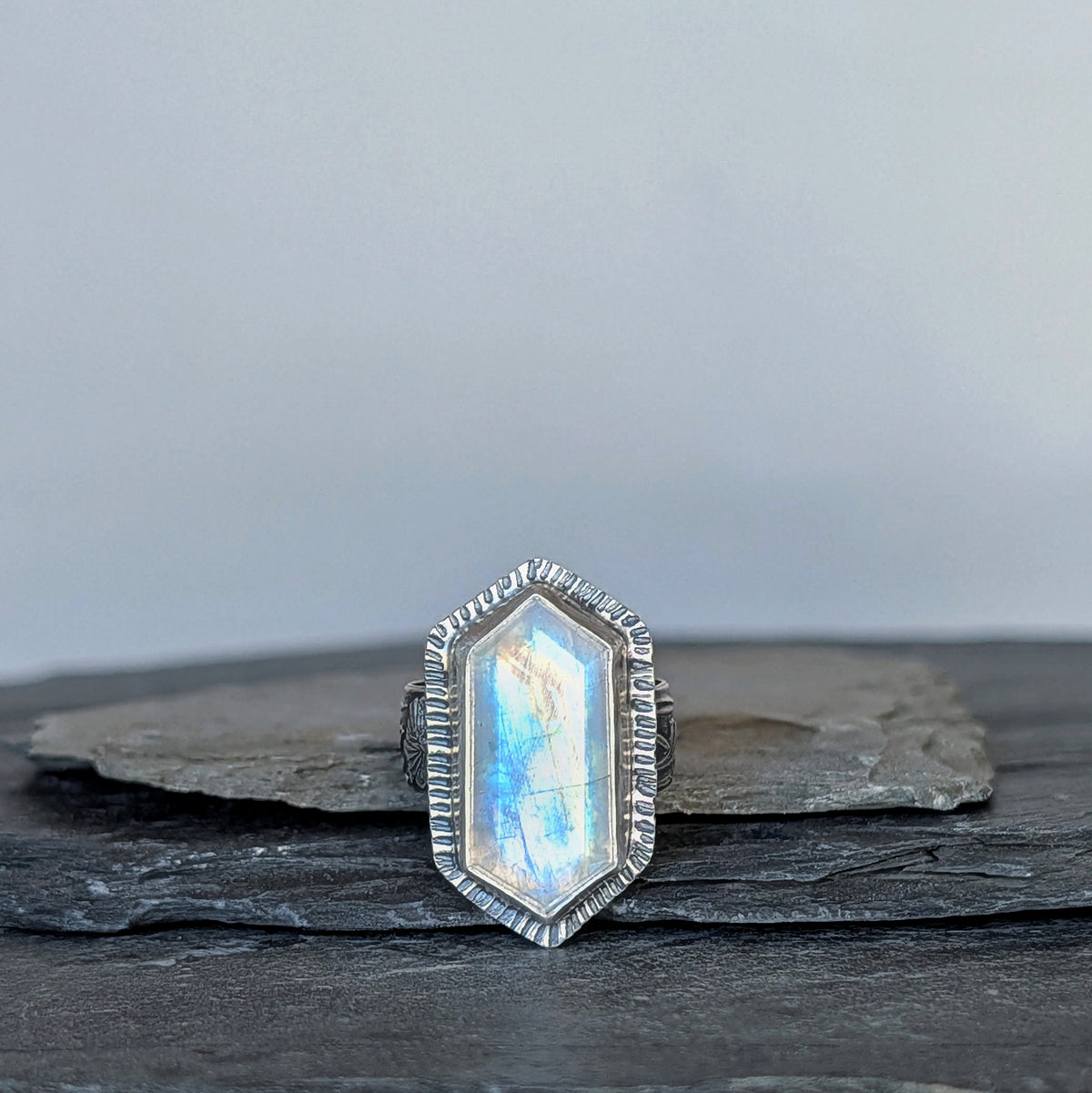 Rainbow Moonstone Statement Ring- Hammered Sterling Silver Floral Art Nouveau Ring, Size 7
