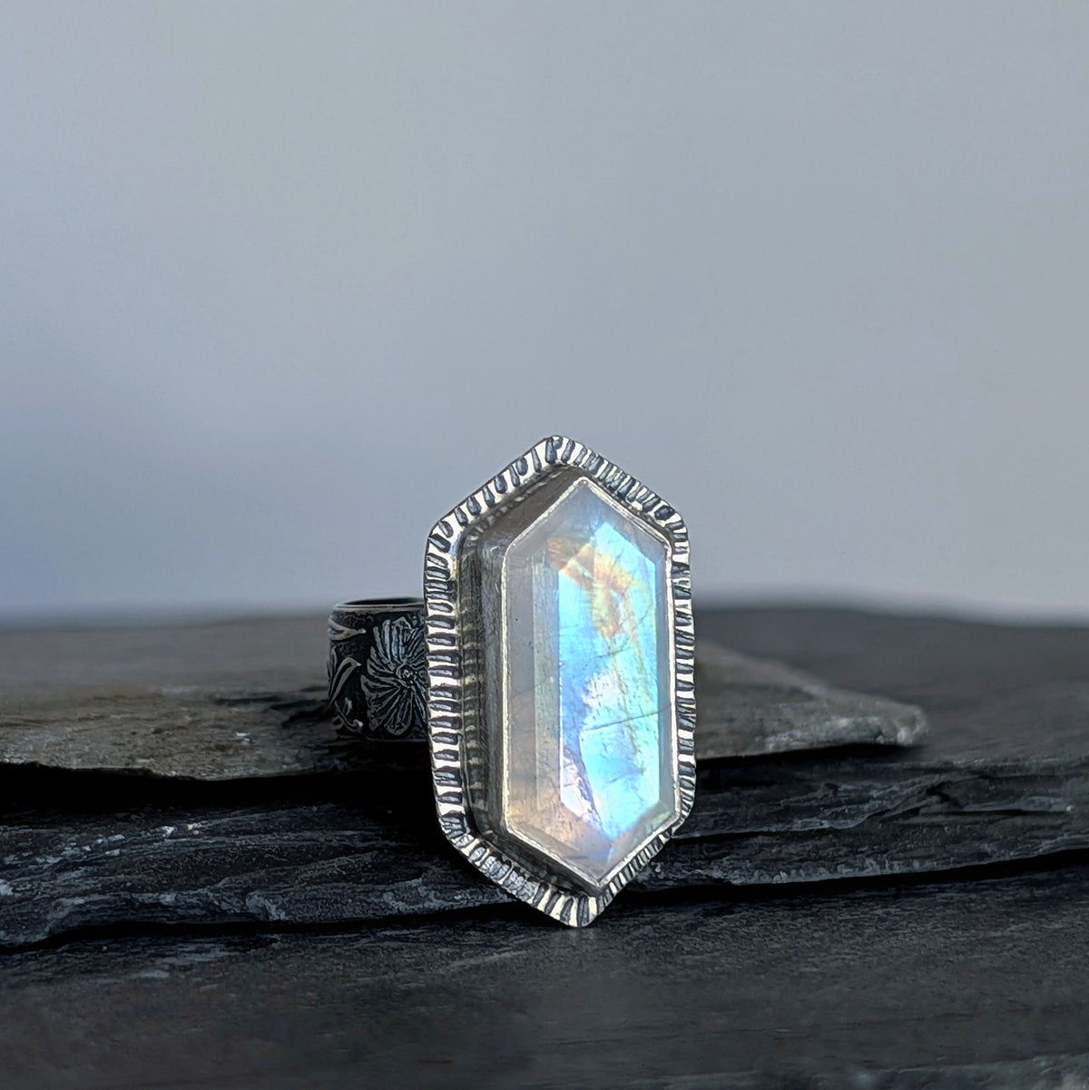 Rainbow Moonstone Statement Ring- Hammered Sterling Silver Floral Art Nouveau Ring, Size 7