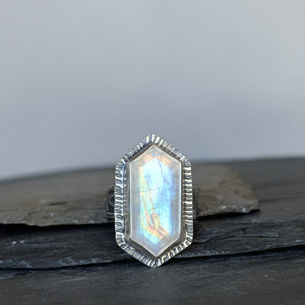 Rainbow Moonstone Statement Ring- Hammered Sterling Silver Floral Art Nouveau Ring, Size 7