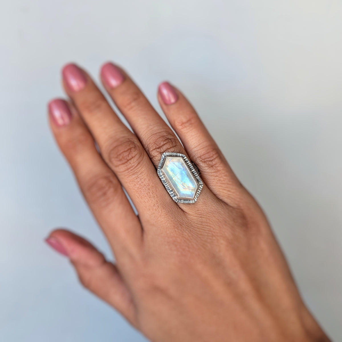 Rainbow Moonstone Statement Ring- Hammered Sterling Silver Floral Art Nouveau Ring, Size 7