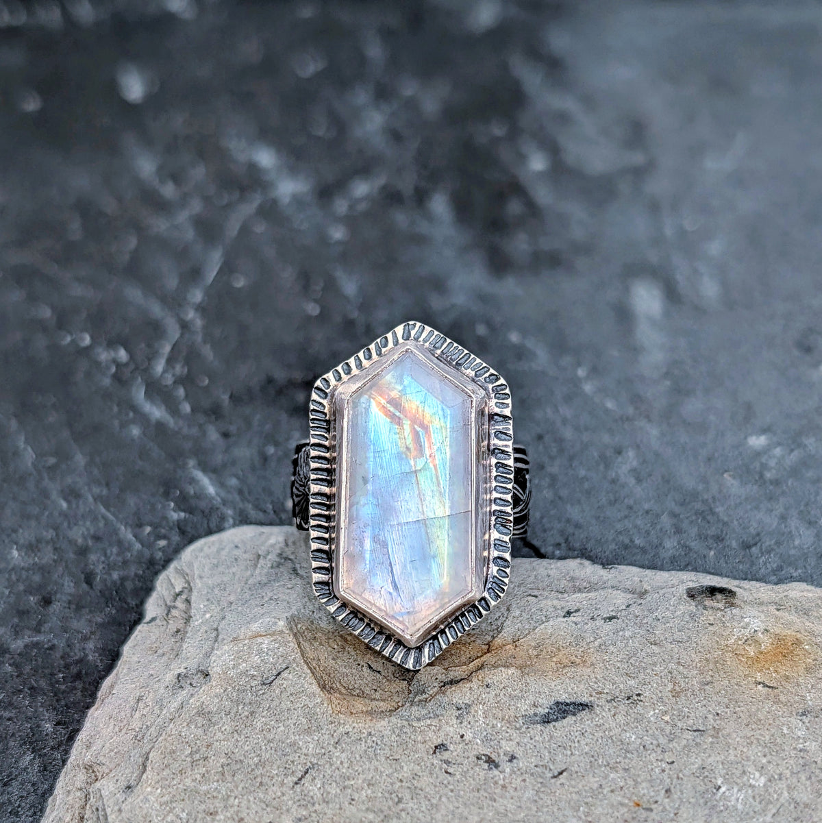 Rainbow Moonstone Statement Ring- Hammered Sterling Silver Floral Art Nouveau Ring, Size 7