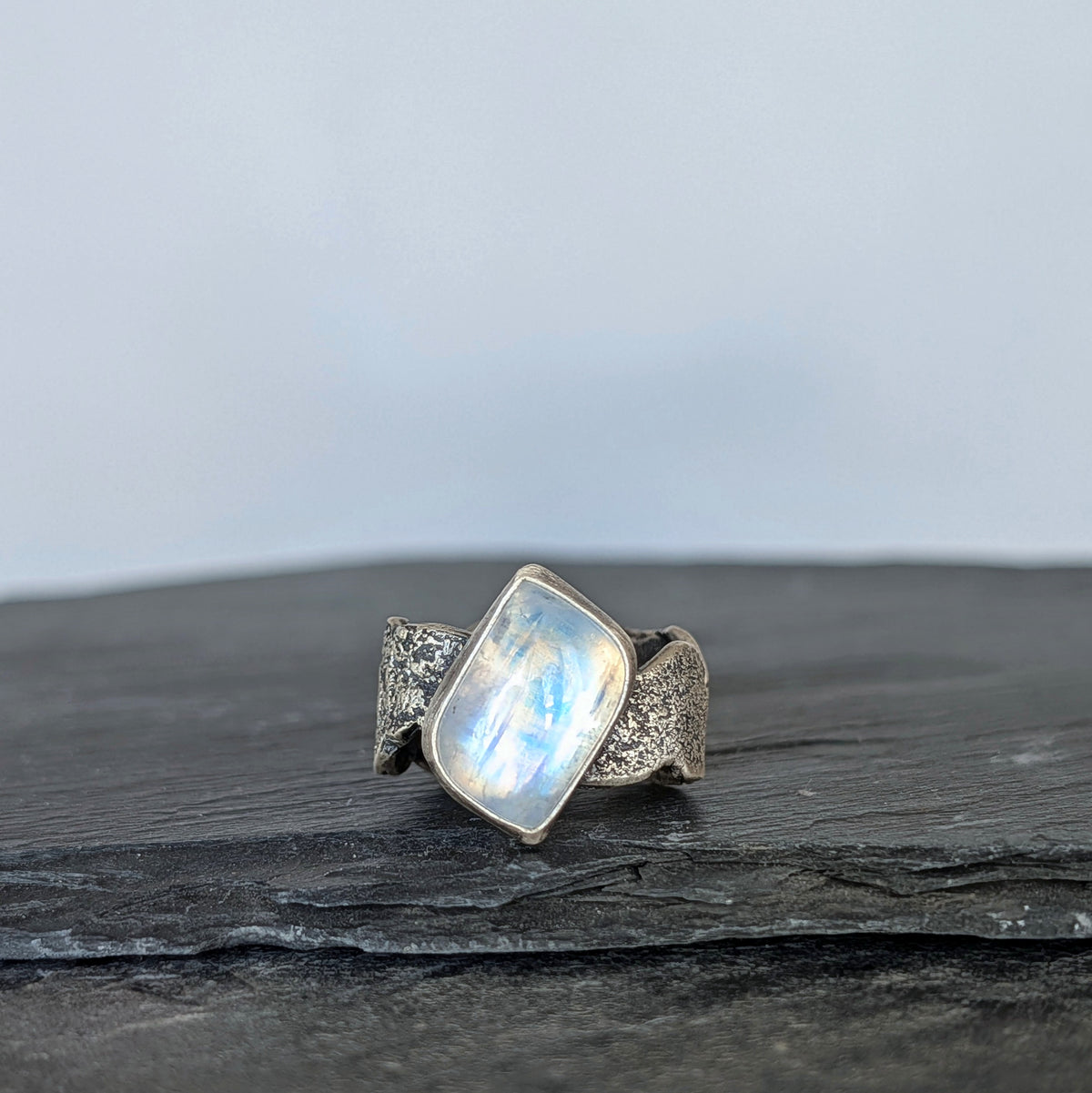 Blue Moonstone Statement Ring- Sculptural Sterling Silver Live Edge Band, Size 9.5