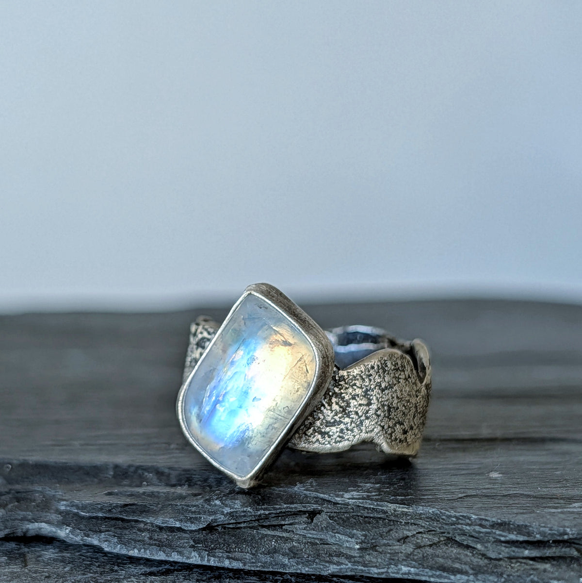 Blue Moonstone Statement Ring- Sculptural Sterling Silver Live Edge Band, Size 9.5