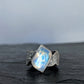 Blue Moonstone Statement Ring- Sculptural Sterling Silver Live Edge Band, Size 9.5