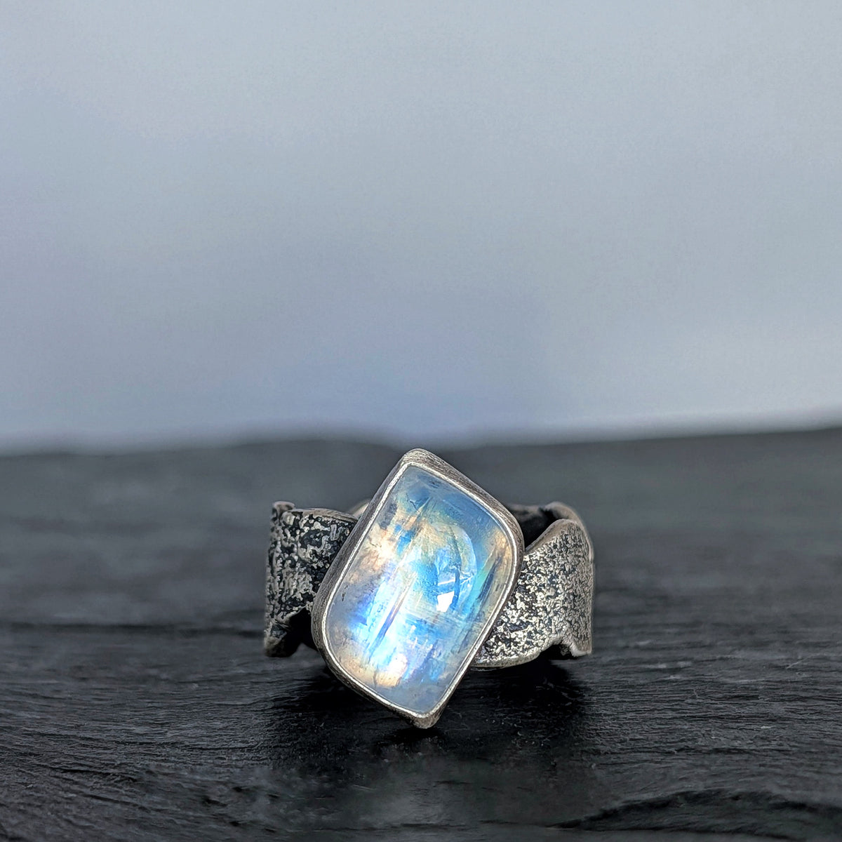 Blue Moonstone Statement Ring- Sculptural Sterling Silver Live Edge Band, Size 9.5