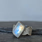 Blue Moonstone Statement Ring- Sculptural Sterling Silver Live Edge Band, Size 9.5