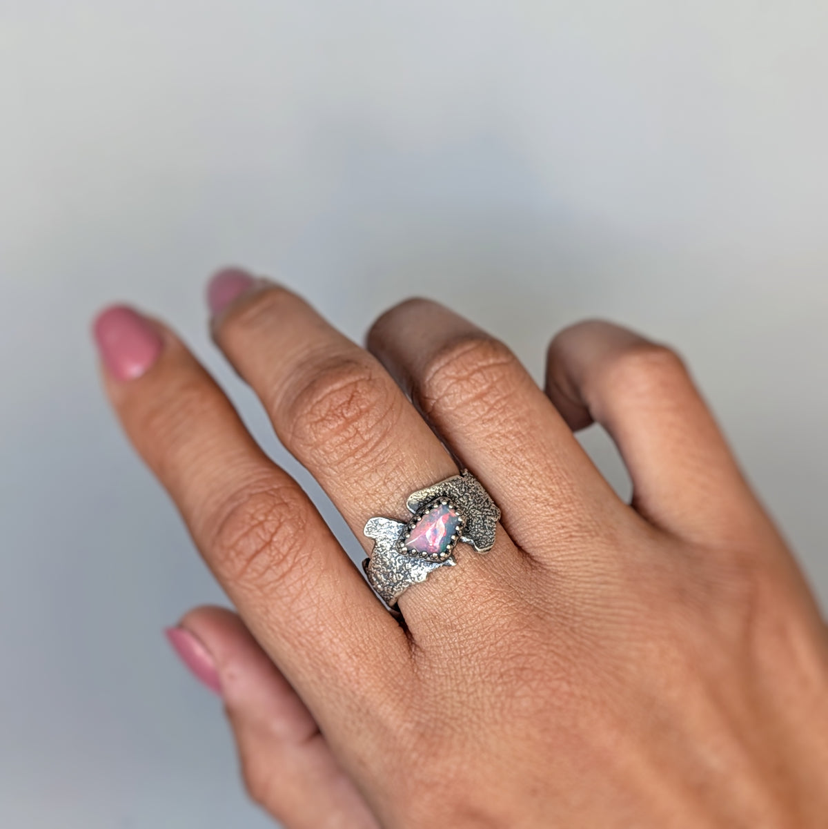 Ethiopian Opal Statement Ring- Sculptural Sterling Silver Live Edge Band, One of a Kind, size 9.25