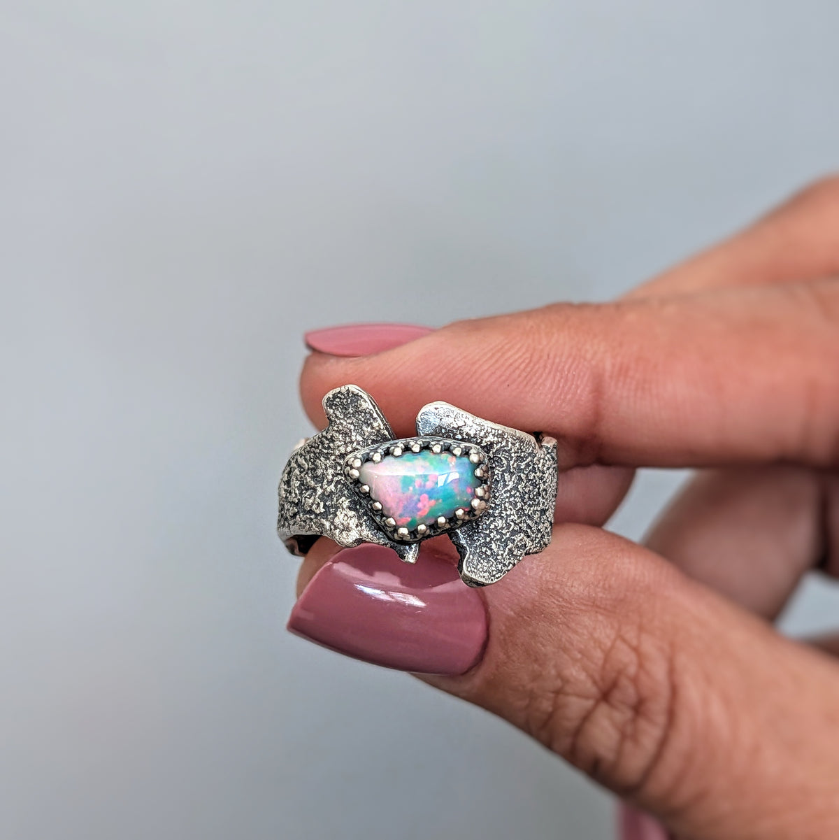 Ethiopian Opal Statement Ring- Sculptural Sterling Silver Live Edge Band, One of a Kind, size 9.25