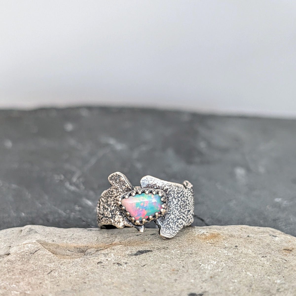 Ethiopian Opal Statement Ring- Sculptural Sterling Silver Live Edge Band, One of a Kind, size 9.25