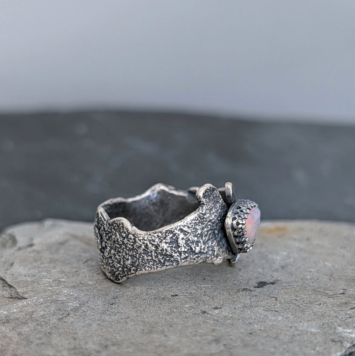 Ethiopian Opal Statement Ring- Sculptural Sterling Silver Live Edge Band, One of a Kind, size 9.25