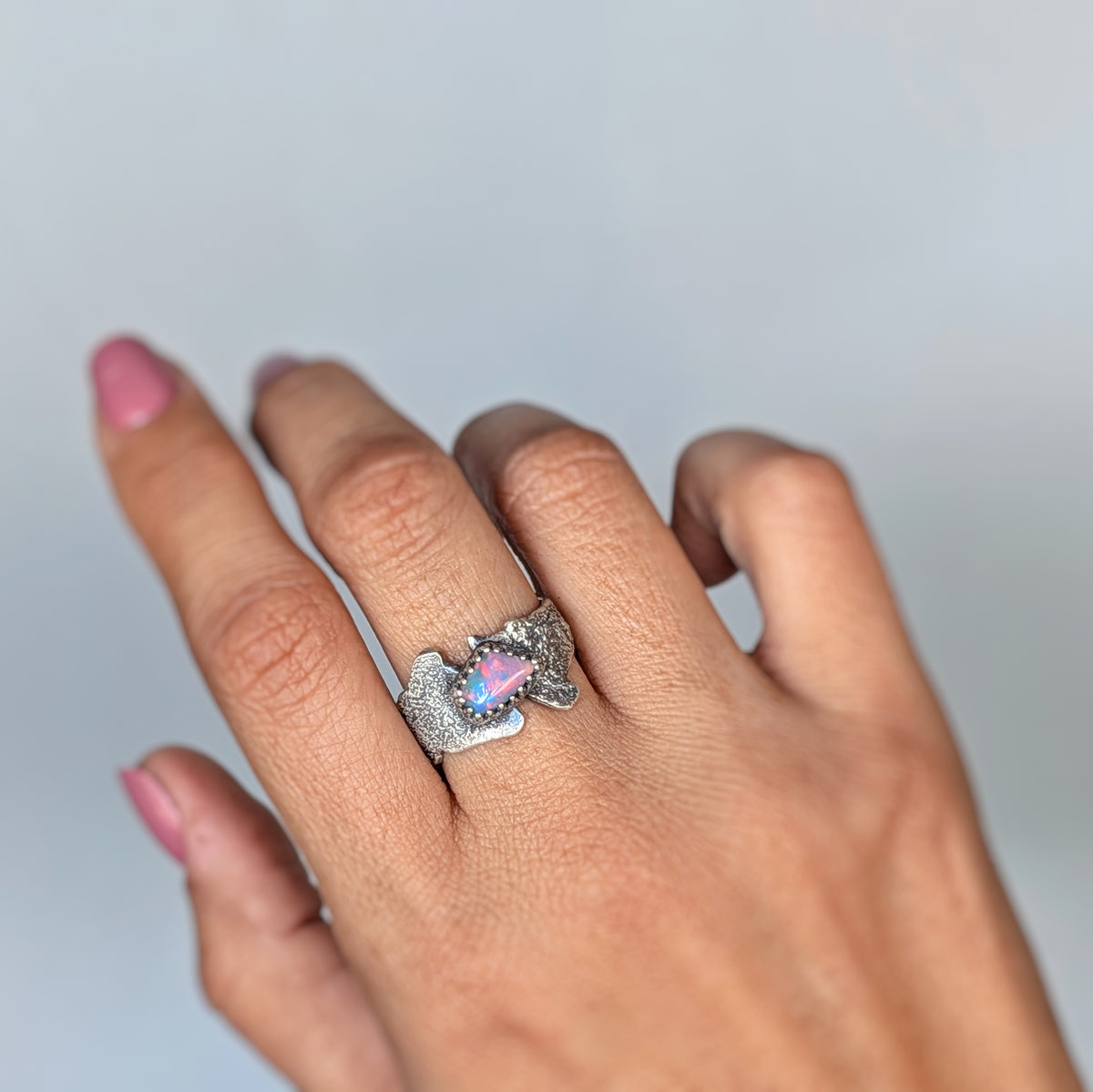 Ethiopian Opal Statement Ring- Sculptural Sterling Silver Live Edge Band, One of a Kind, size 9.25