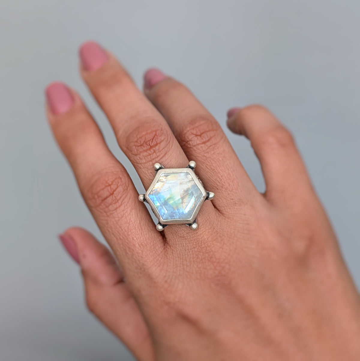 Hexagon Rainbow Moonstone Statement Ring- Sterling Silver Art Nouveau Ring, Size 8