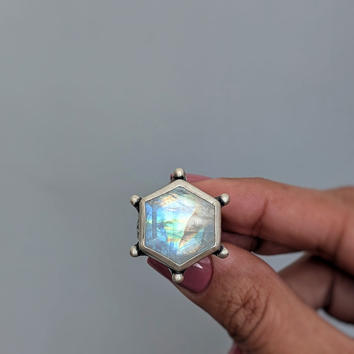 Hexagon Rainbow Moonstone Statement Ring- Sterling Silver Art Nouveau Ring, Size 8