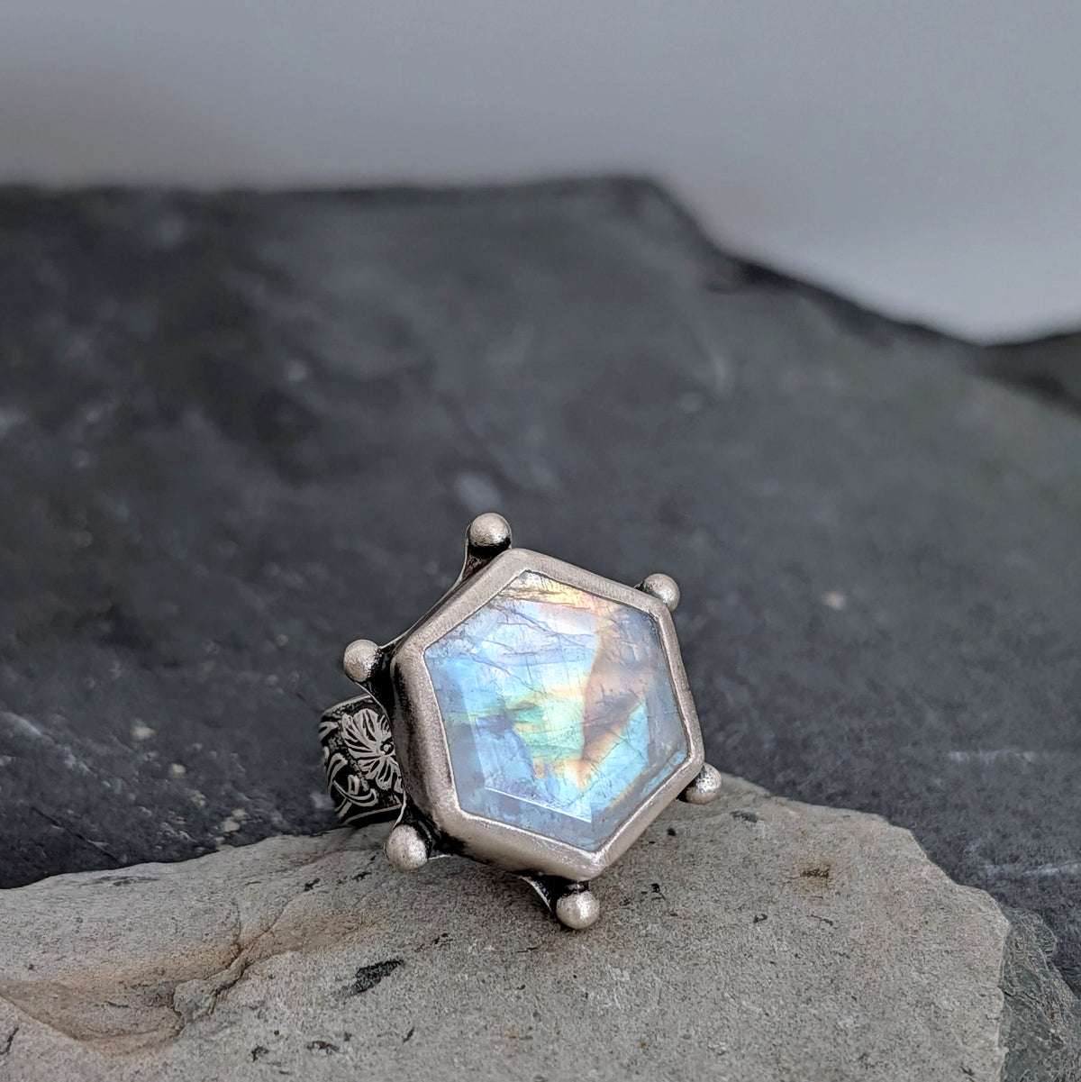 Hexagon Rainbow Moonstone Statement Ring- Sterling Silver Art Nouveau Ring, Size 8