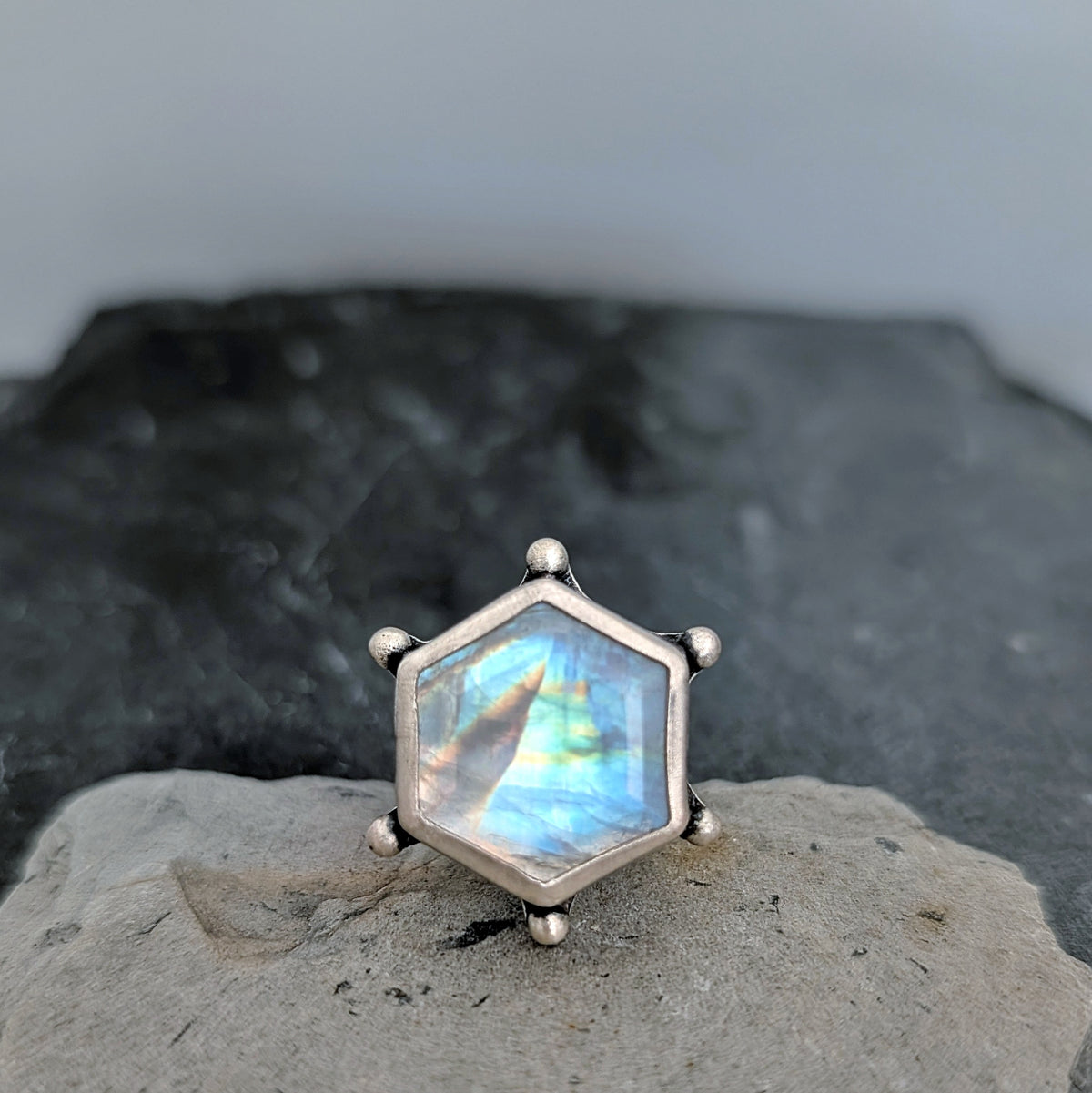 Hexagon Rainbow Moonstone Statement Ring- Sterling Silver Art Nouveau Ring, Size 8