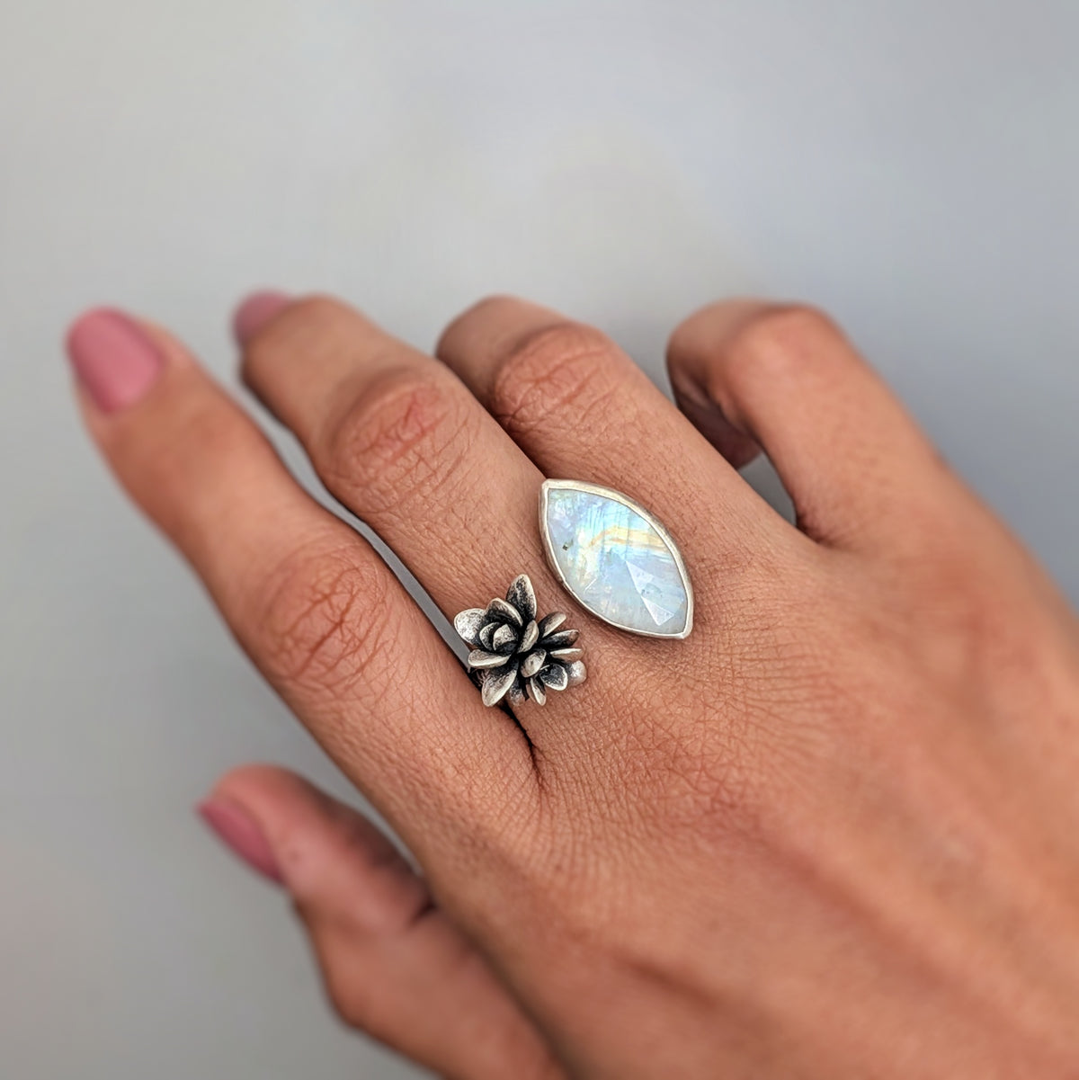 Rainbow Moonstone & Cast Succulent Open Ring- Sterling Silver Botanical Jewelry, Adjustable Size 8-9.25