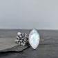 Rainbow Moonstone & Cast Succulent Open Ring- Sterling Silver Botanical Jewelry, Adjustable Size 8-9.25