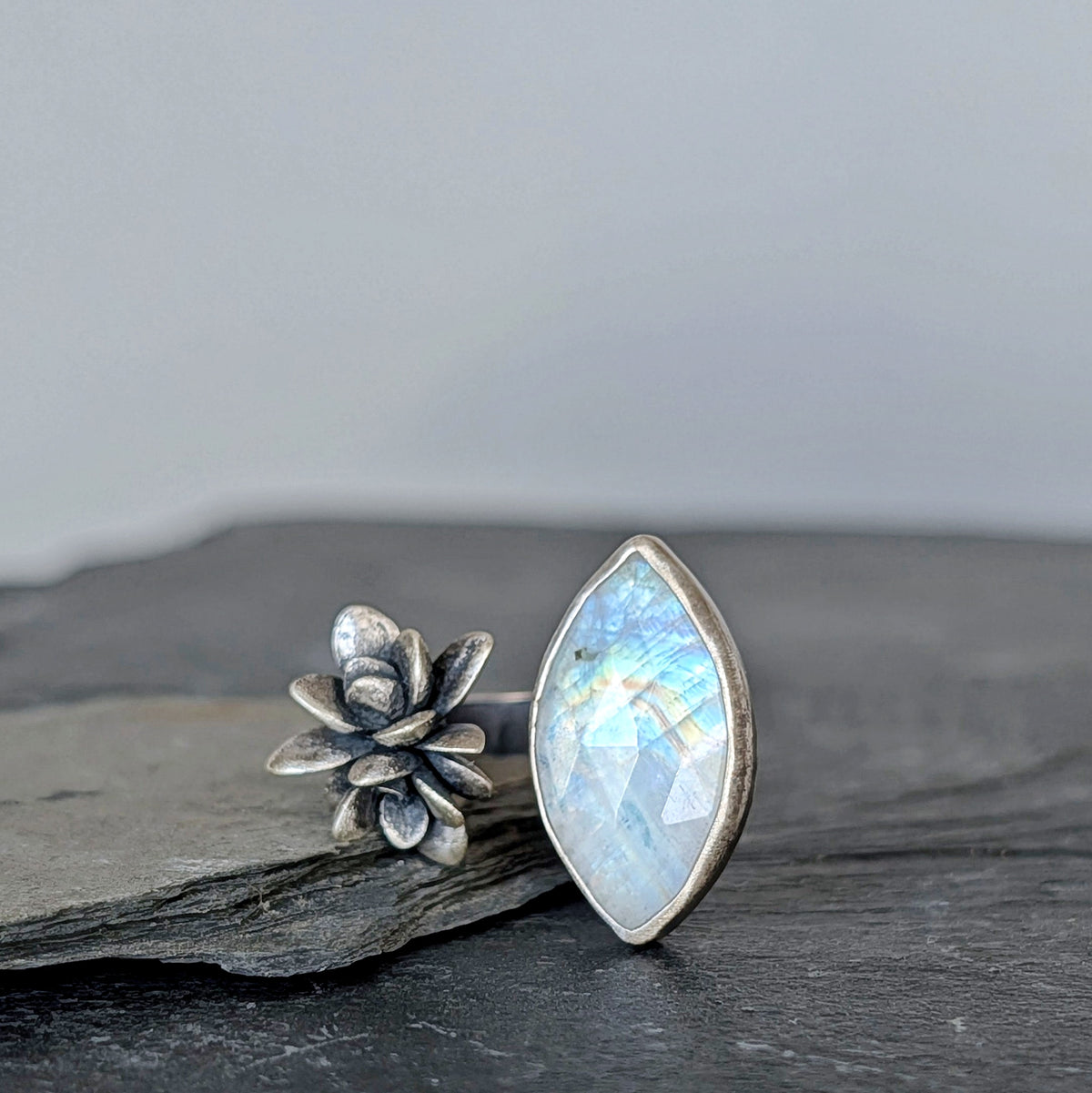 Rainbow Moonstone & Cast Succulent Open Ring- Sterling Silver Botanical Jewelry, Adjustable Size 8-9.25
