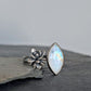 Rainbow Moonstone & Cast Succulent Open Ring- Sterling Silver Botanical Jewelry, Adjustable Size 8-9.25