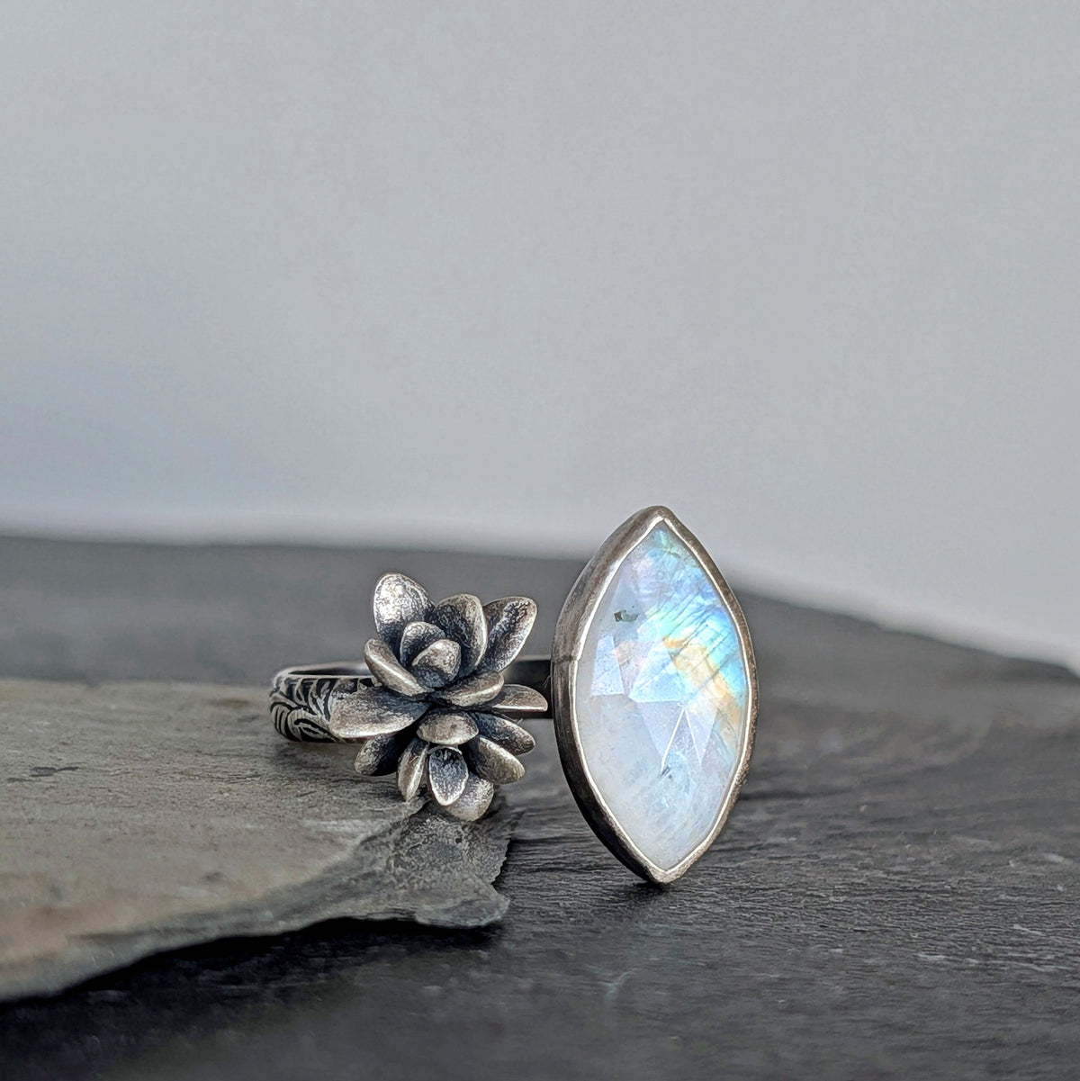 Rainbow Moonstone & Cast Succulent Open Ring- Sterling Silver Botanical Jewelry, Adjustable Size 8-9.25