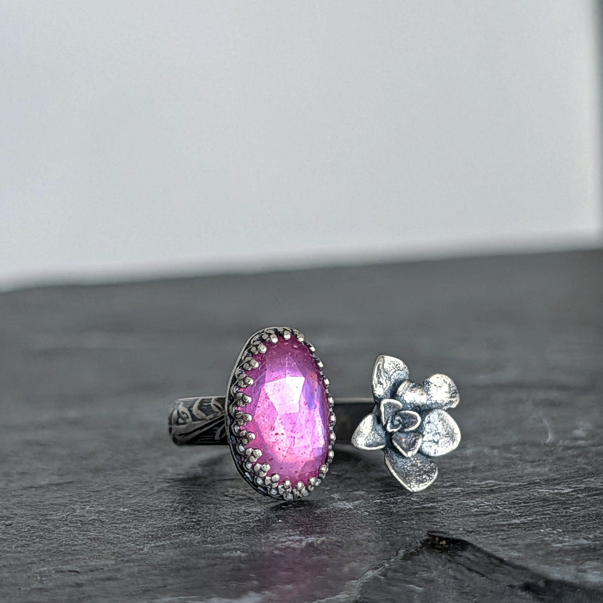 Pink Sapphire and Cast Succulent Open Band Ring-Sterling Silver Botanical Jewelry, Made to size