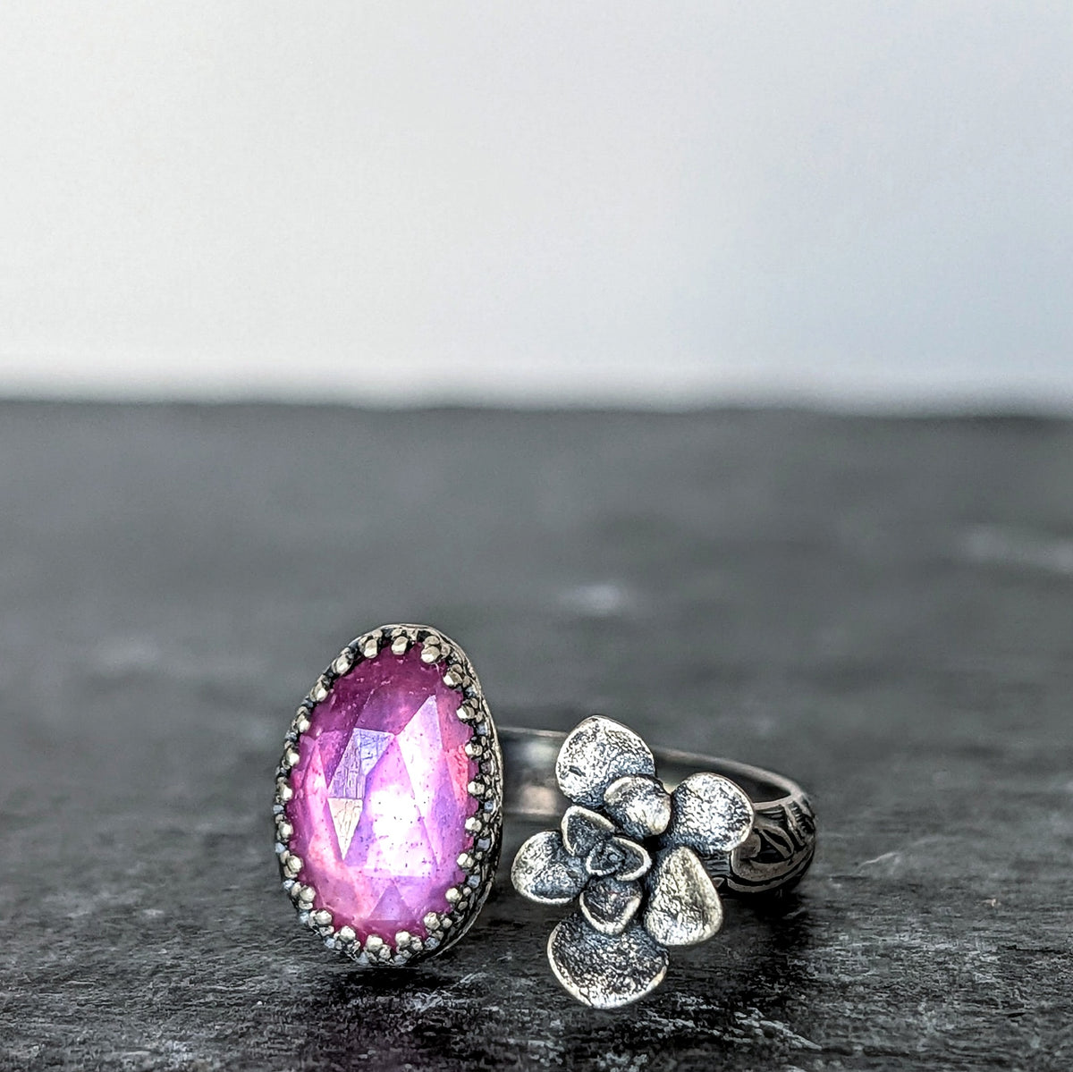 Pink Sapphire and Cast Succulent Open Band Ring-Sterling Silver Botanical Jewelry, Made to size