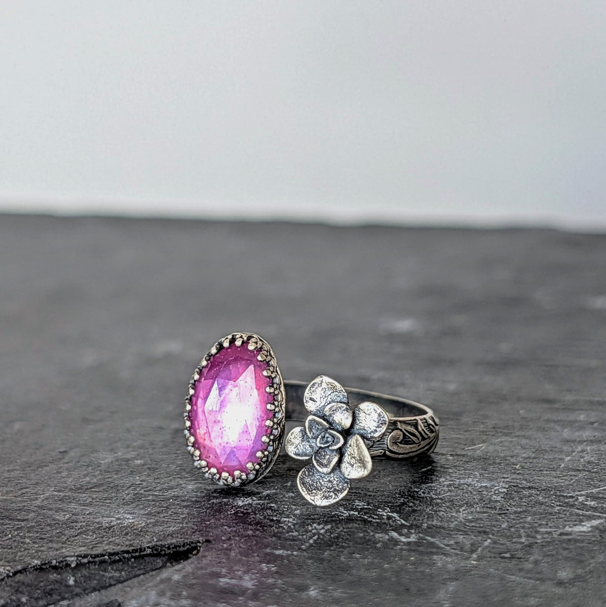 Pink Sapphire and Cast Succulent Open Band Ring-Sterling Silver Botanical Jewelry, Made to size