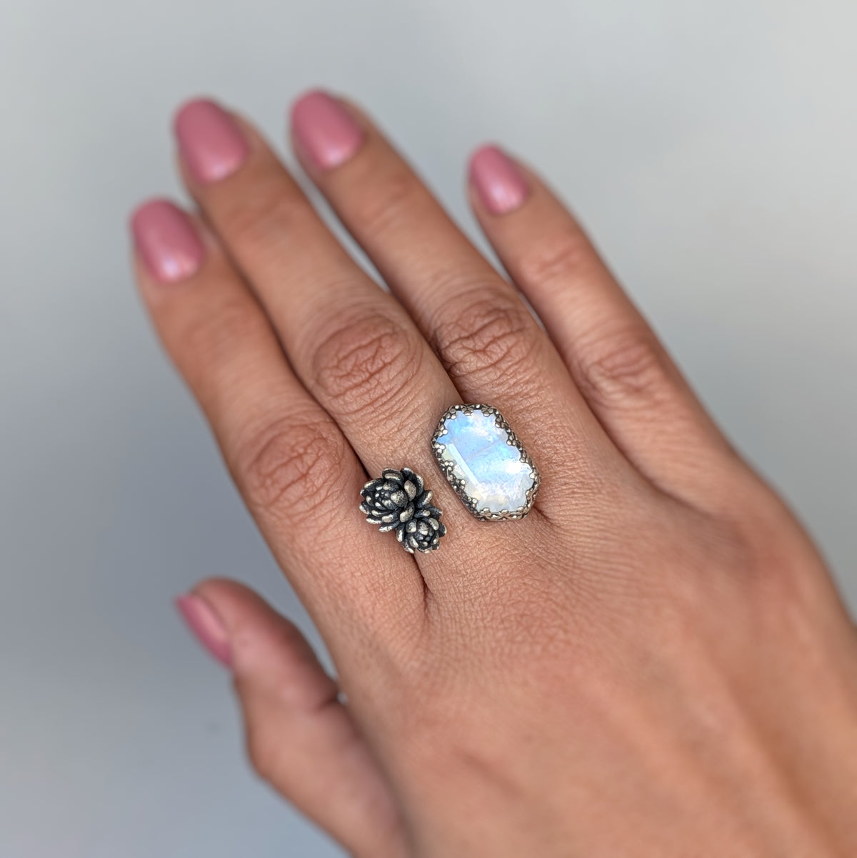 Blue Moonstone and Cast Succulent Open Band Ring- Sterling Silver Botanical Jewelry, Made to size