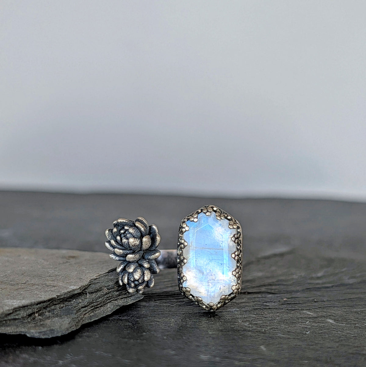 Blue Moonstone and Cast Succulent Open Band Ring- Sterling Silver Botanical Jewelry, Made to size