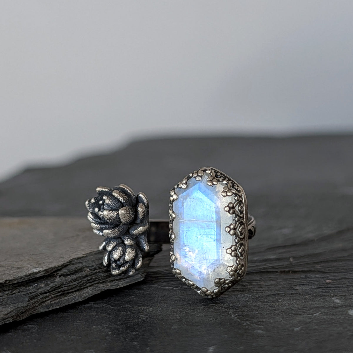 Blue Moonstone and Cast Succulent Open Band Ring- Sterling Silver Botanical Jewelry, Made to size