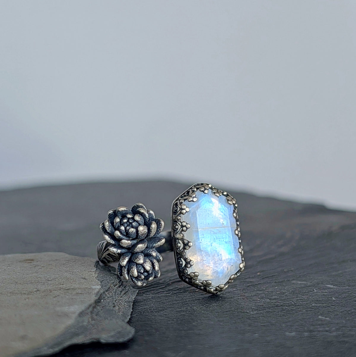 Blue Moonstone and Cast Succulent Open Band Ring- Sterling Silver Botanical Jewelry, Made to size