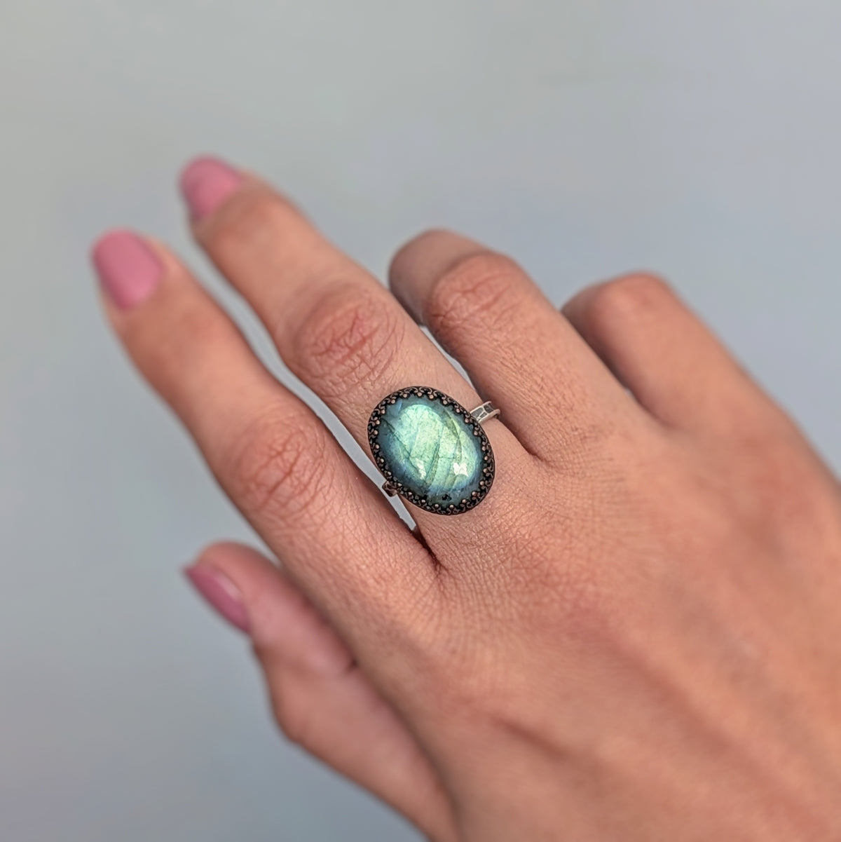 Green Labradorite Oval Ring- Hammered Sterling Silver Band, Adjustable