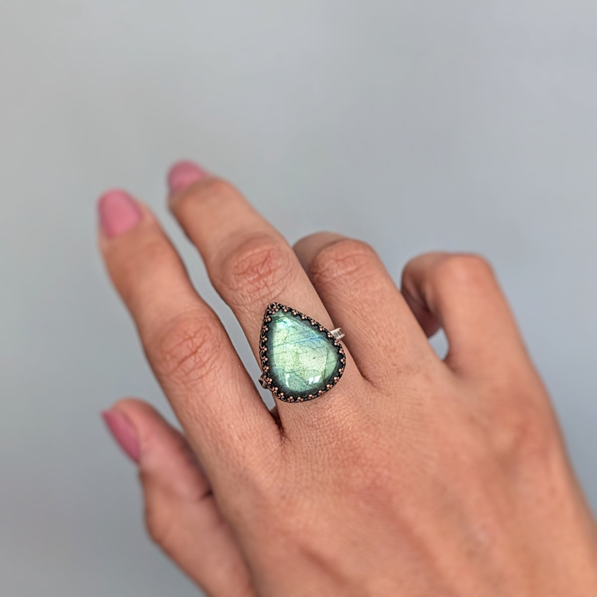 Green Labradorite Teardrop Ring- Hammered Sterling Silver Band, Adjustable