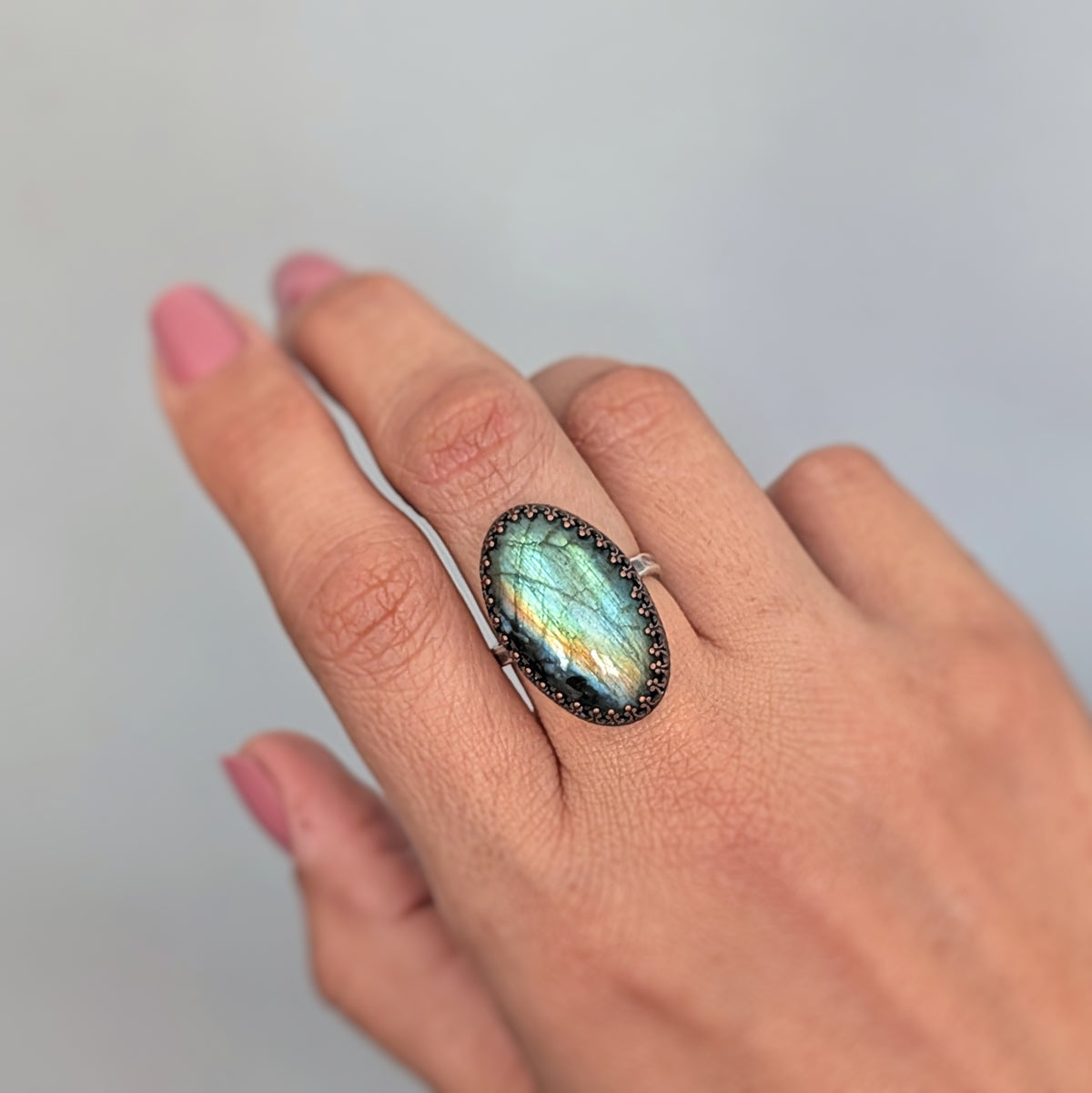Green Labradorite Rainbow Flash Oval Ring- Hammered Sterling Silver Band, Adjustable