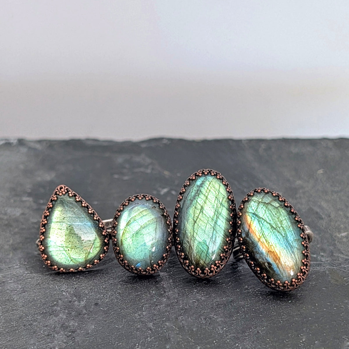 Green Labradorite Rainbow Flash Oval Ring- Hammered Sterling Silver Band, Adjustable