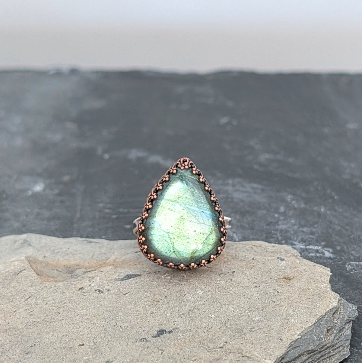 Green Labradorite Teardrop Ring- Hammered Sterling Silver Band, Adjustable