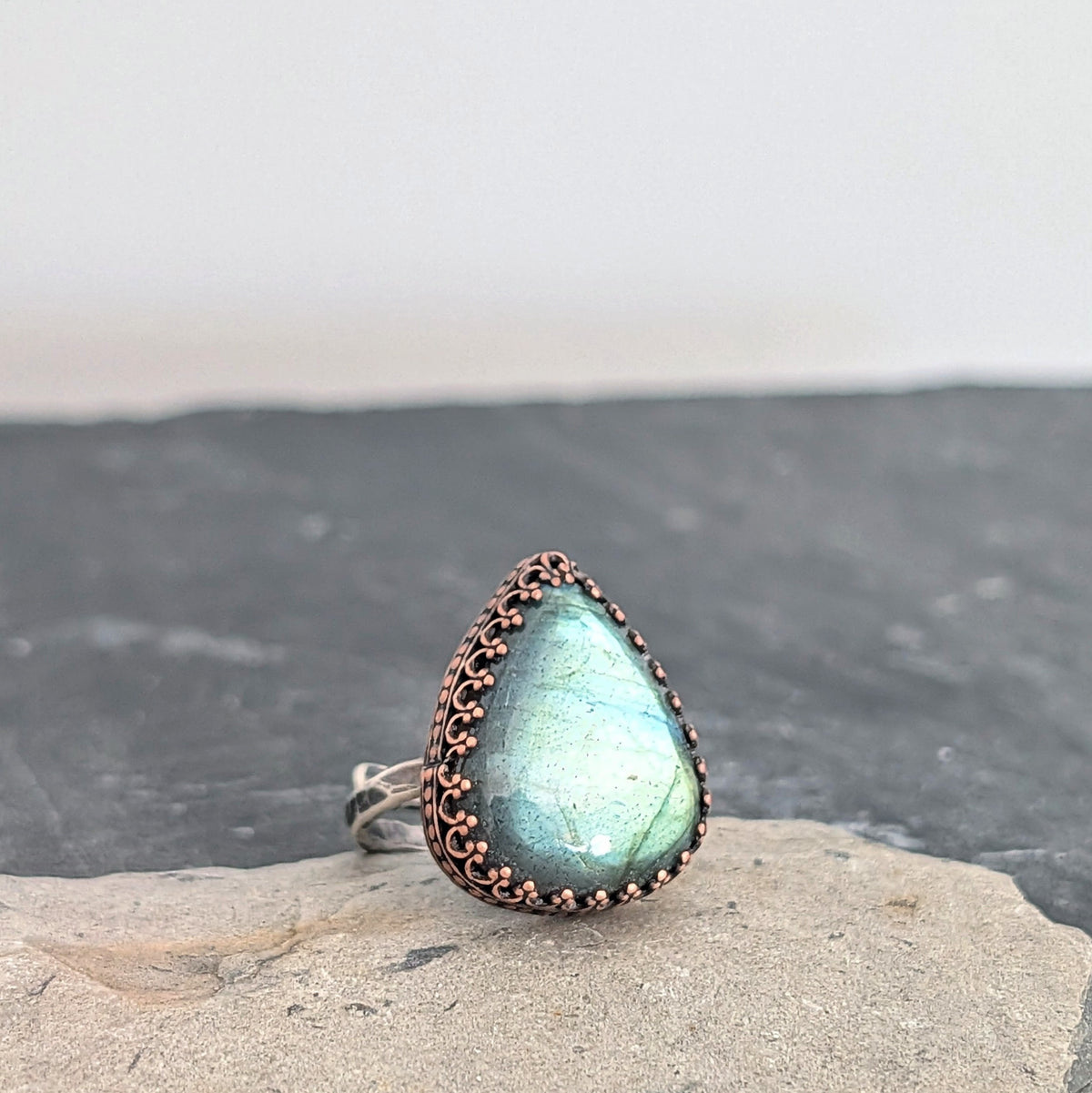 Green Labradorite Teardrop Ring- Hammered Sterling Silver Band, Adjustable
