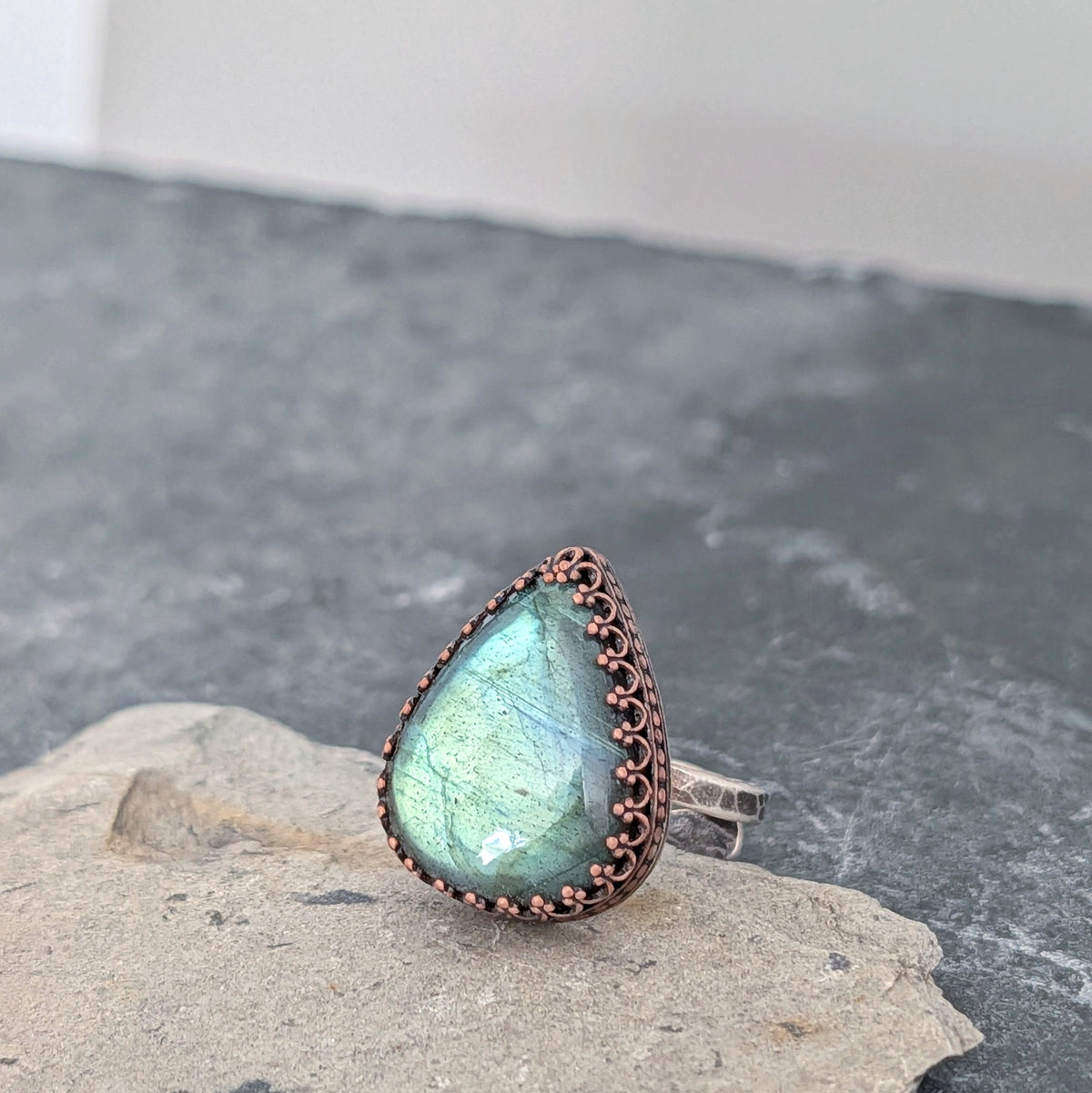 Green Labradorite Teardrop Ring- Hammered Sterling Silver Band, Adjustable