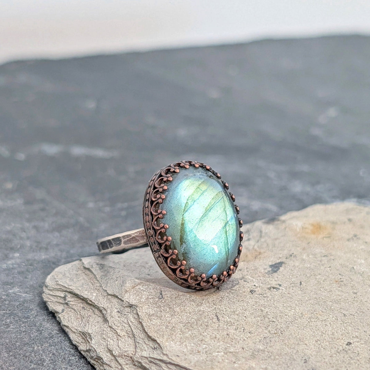 Green Labradorite Oval Ring- Hammered Sterling Silver Band, Adjustable