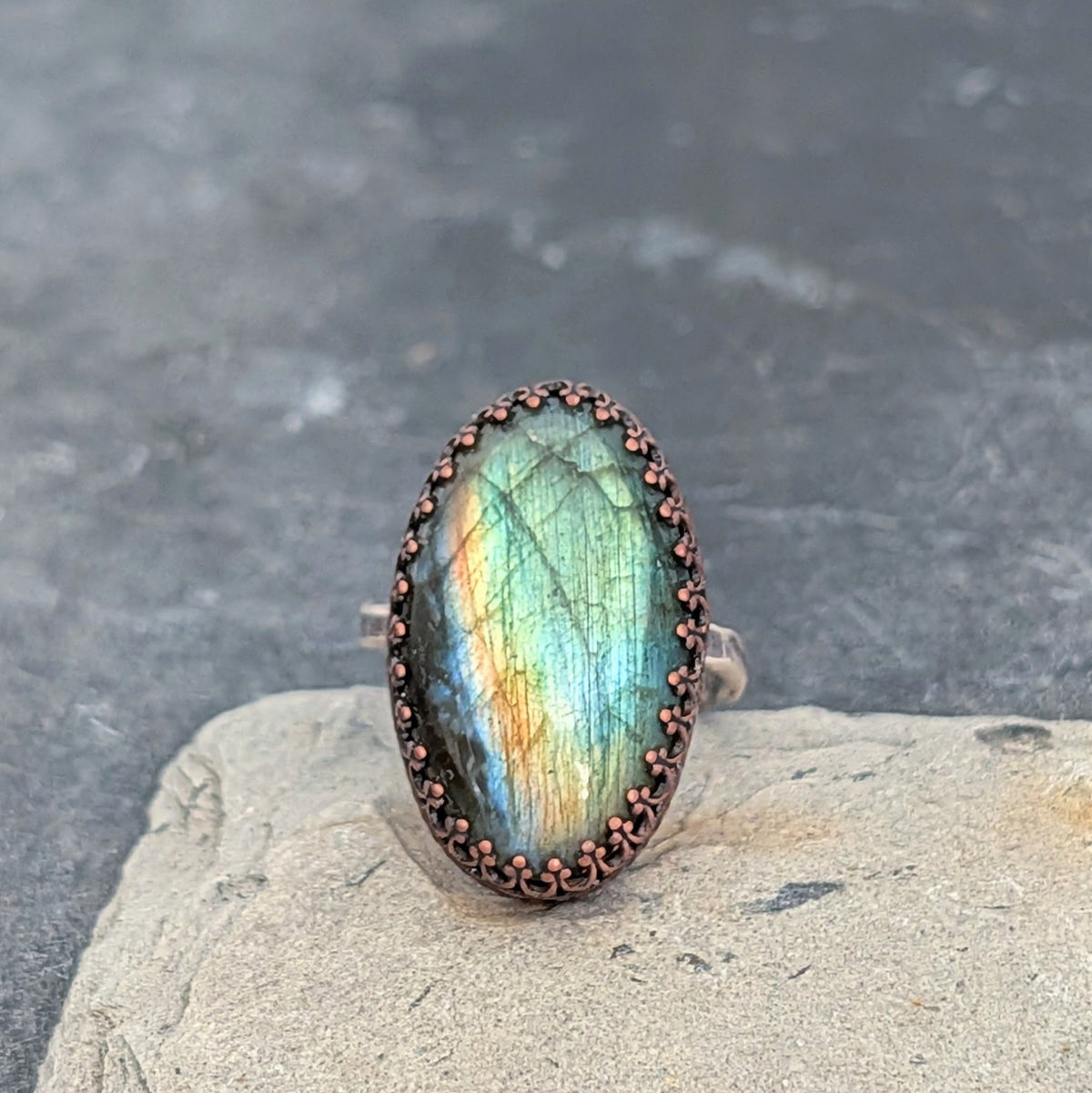 Green Labradorite Rainbow Flash Oval Ring- Hammered Sterling Silver Band, Adjustable