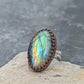 Green Labradorite Rainbow Flash Oval Ring- Hammered Sterling Silver Band, Adjustable