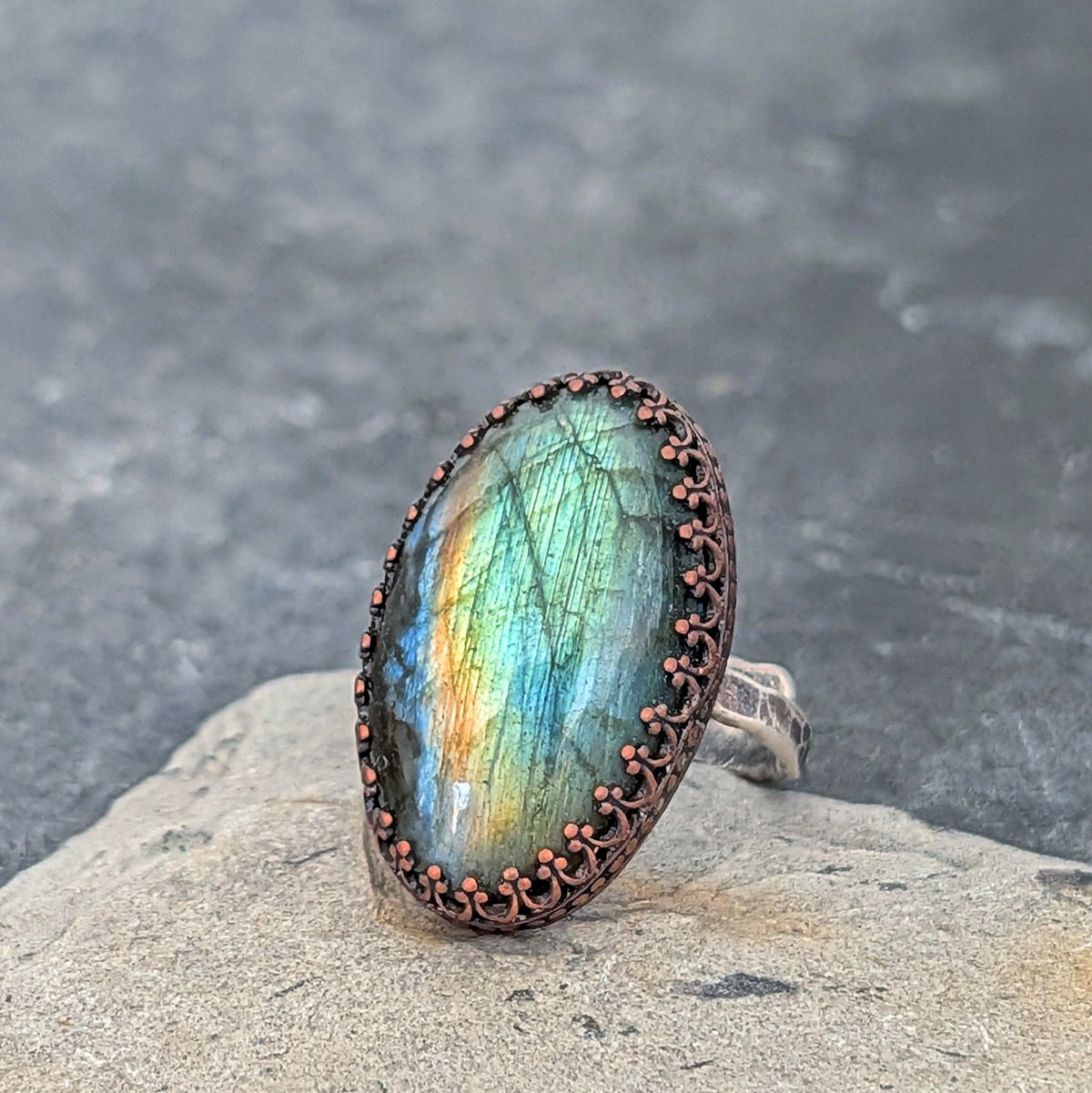 Green Labradorite Rainbow Flash Oval Ring- Hammered Sterling Silver Band, Adjustable