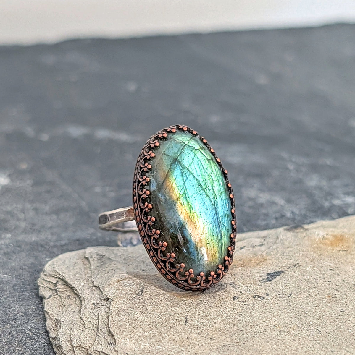 Green Labradorite Rainbow Flash Oval Ring- Hammered Sterling Silver Band, Adjustable