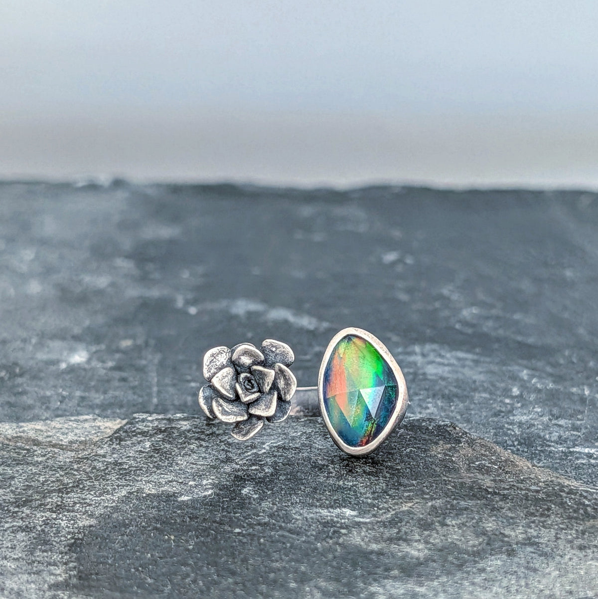 Rainbow Aurora Opal and Cast Succulent Open Ring- Sterling Silver Botanical Jewelry, Adjustable size 7.5–8.5