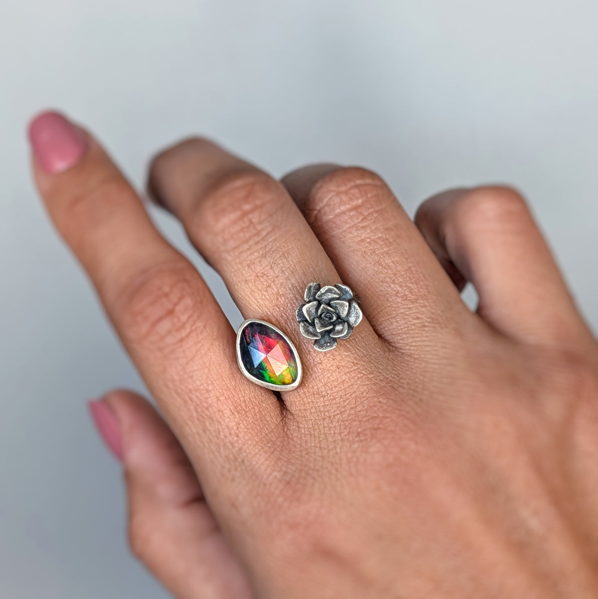 Rainbow Aurora Opal and Cast Succulent Open Ring- Sterling Silver Botanical Jewelry, Adjustable size 7.5–8.5