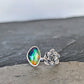 Rainbow Aurora Opal and Cast Succulent Open Ring- Sterling Silver Botanical Jewelry, Adjustable size 7.5–8.5