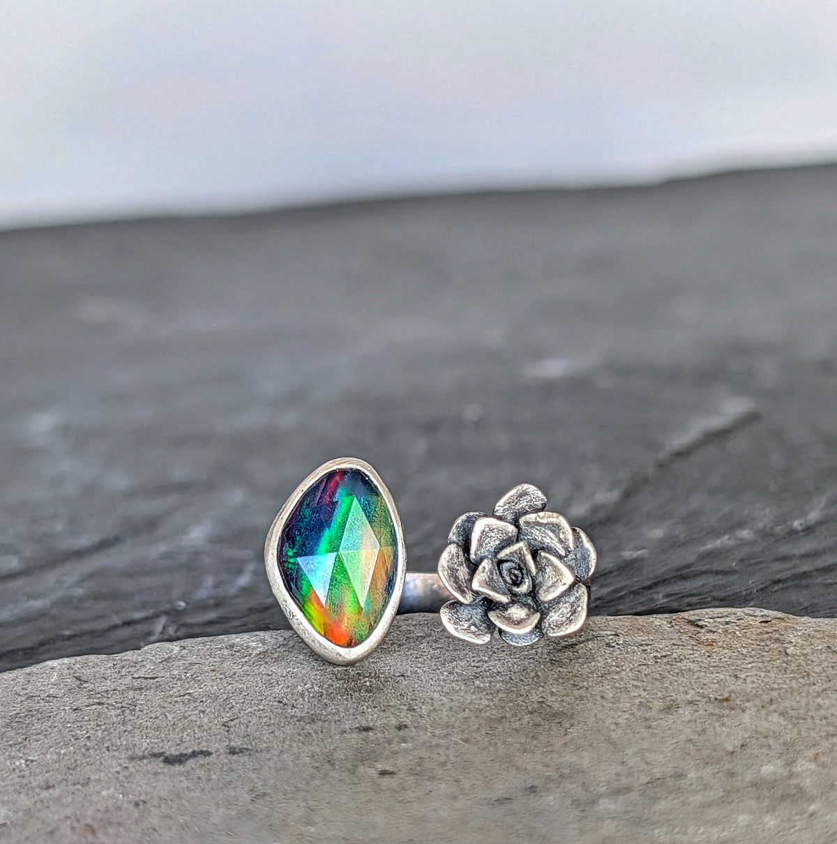 Rainbow Aurora Opal and Cast Succulent Open Ring- Sterling Silver Botanical Jewelry, Adjustable size 7.5–8.5