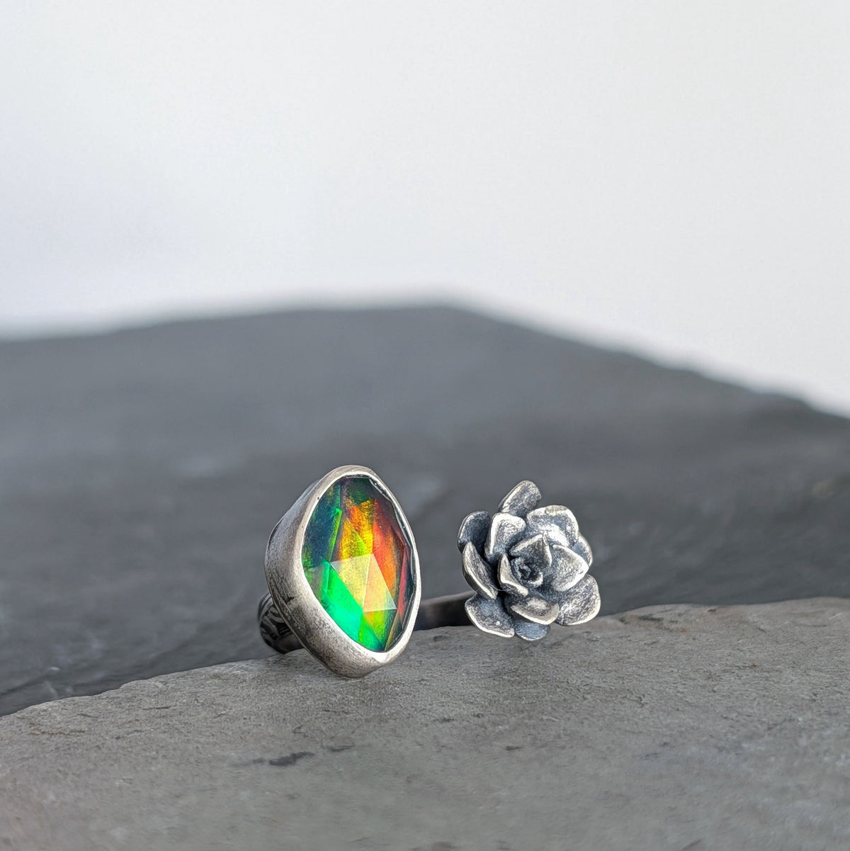 Rainbow Aurora Opal and Cast Succulent Open Ring- Sterling Silver Botanical Jewelry, Adjustable size 7.5–8.5