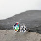 Rainbow Aurora Opal and Cast Succulent Open Ring- Sterling Silver Botanical Jewelry, Adjustable size 7.5–8.5