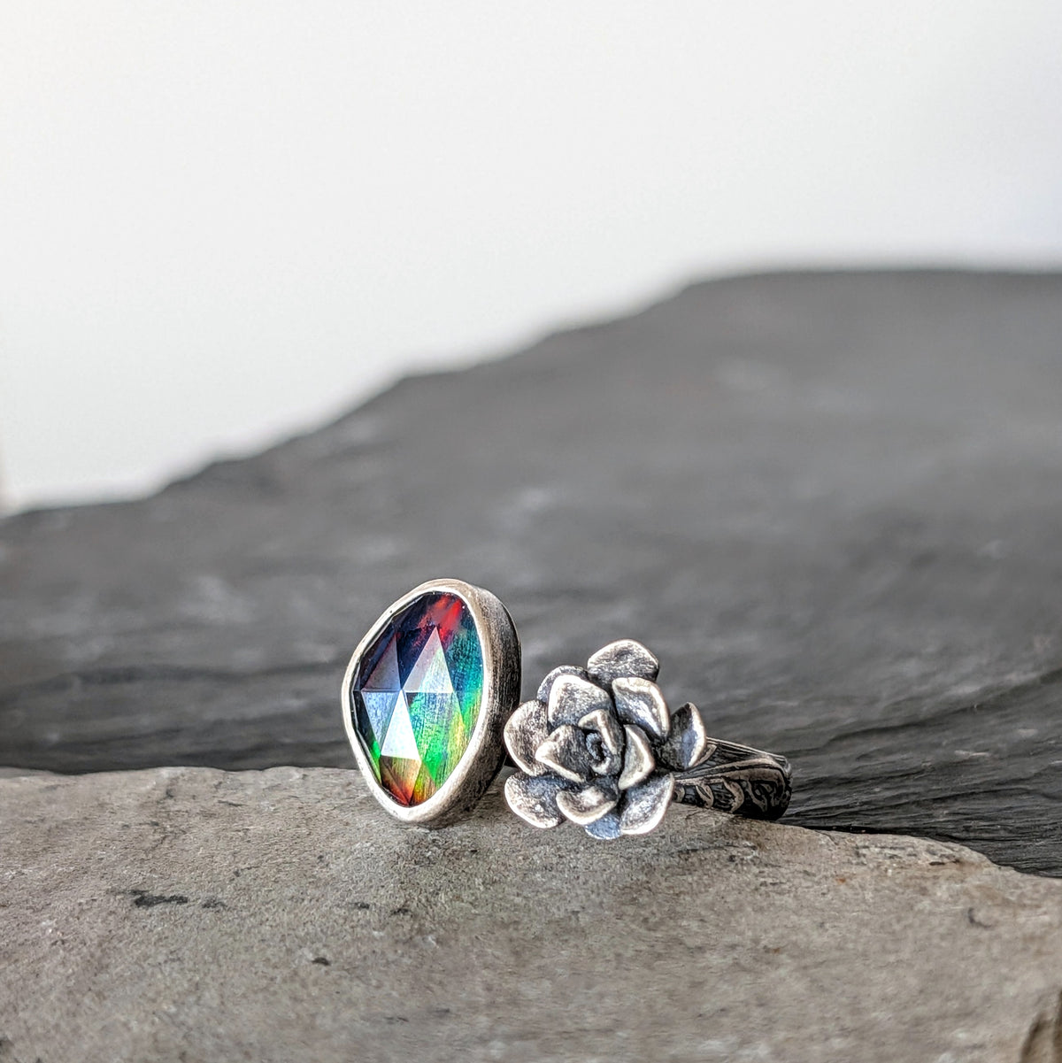 Rainbow Aurora Opal and Cast Succulent Open Ring- Sterling Silver Botanical Jewelry, Adjustable size 7.5–8.5
